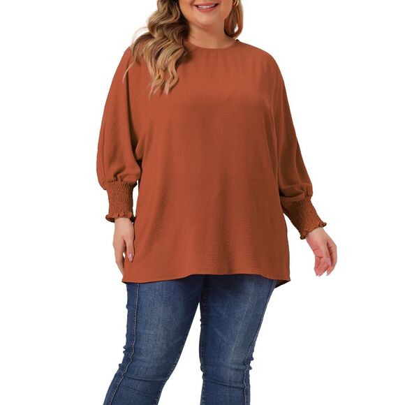 Plus Size Chiffon Tops Batwing Ruffle Elbow Sleeve Loose Shirts Caramel - Picture 2 of 5